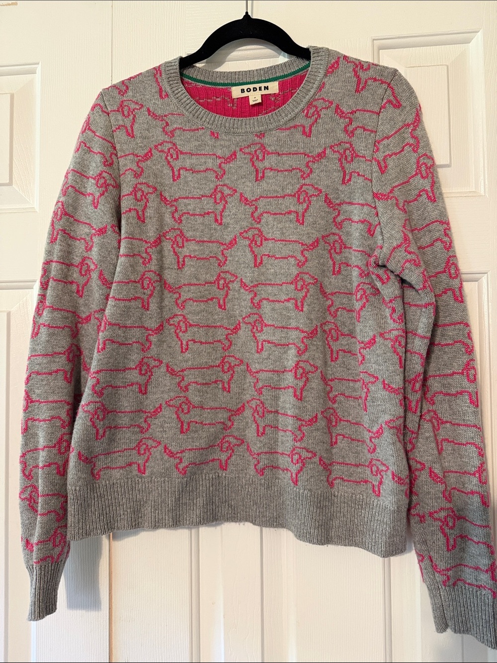 Boden Gray Crewneck Sweater with Pink Dachshund Pattern